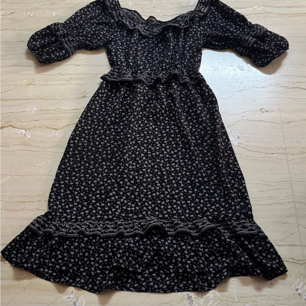 Max Studio Black Floral Ruffle Midi Dress